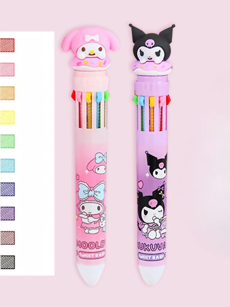 Sanrio Press Ten Color Ballpoint Pen Cartoon Kawaii Kuromi Multi-color Students Gel Pen Melody Sanrio Stationery Write Cute Pens