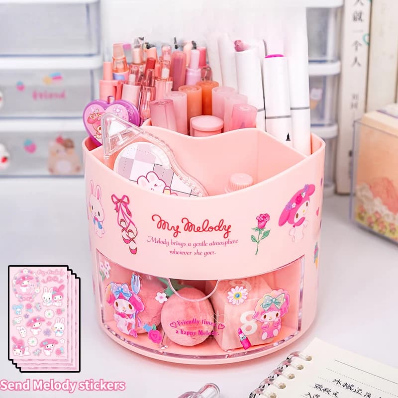 Miniso Sanrio Rotating Pen Holder Storage Box Desk Organizer & Kawaii Sanrio Cinnamoroll Stickers Cute Stationery Storage Girls