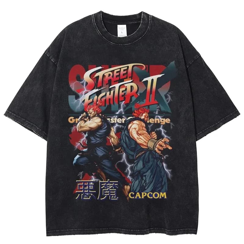 Mens Vintage Washed T Shirt Akuma Street Fighter Game Short Sleeve O-Neck Harajuku T-shirt Hip Hop Streetwear Unisex Tops