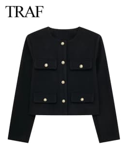 TRAF 2024 Fashion Women Bomber Cropped Jackets Female Golden Button Blazer Spring Women's Chic Streetwear Outwear Top