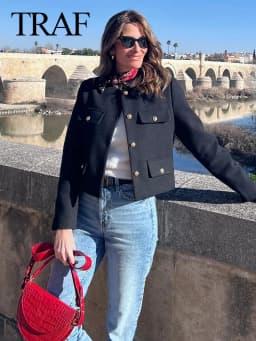 TRAF 2024 Fashion Women Bomber Cropped Jackets Female Golden Button Blazer Spring Women's Chic Streetwear Outwear Top