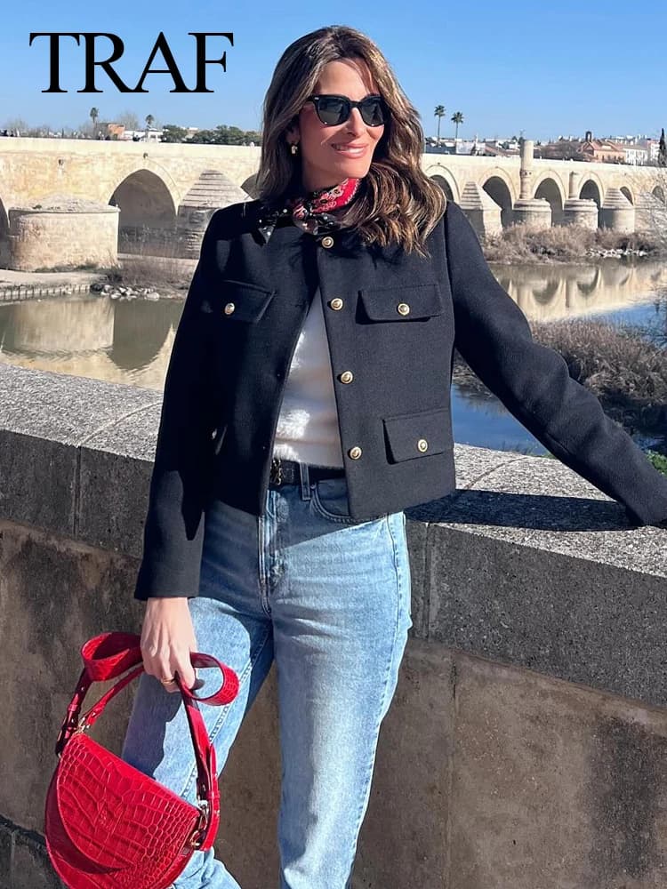 TRAF 2024 Fashion Women Bomber Cropped Jackets Female Golden Button Blazer Spring Women's Chic Streetwear Outwear Top
