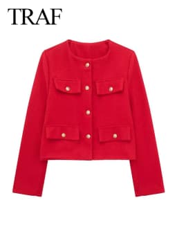 TRAF 2024 Fashion Women Bomber Cropped Jackets Female Golden Button Blazer Spring Women's Chic Streetwear Outwear Top