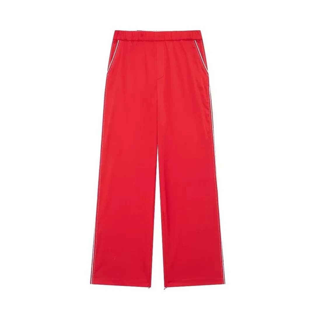 TRAFZA Women Fashion Trousers Hem Side Zipper Straight Pant Drawstring Elastic Waist Loose Wide Leg Pants Fashion Streetwear