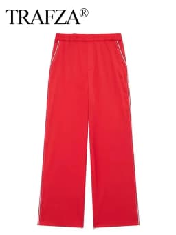 TRAFZA Women Fashion Trousers Hem Side Zipper Straight Pant Drawstring Elastic Waist Loose Wide Leg Pants Fashion Streetwear