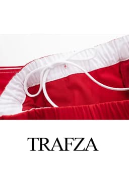 TRAFZA Women Fashion Trousers Hem Side Zipper Straight Pant Drawstring Elastic Waist Loose Wide Leg Pants Fashion Streetwear