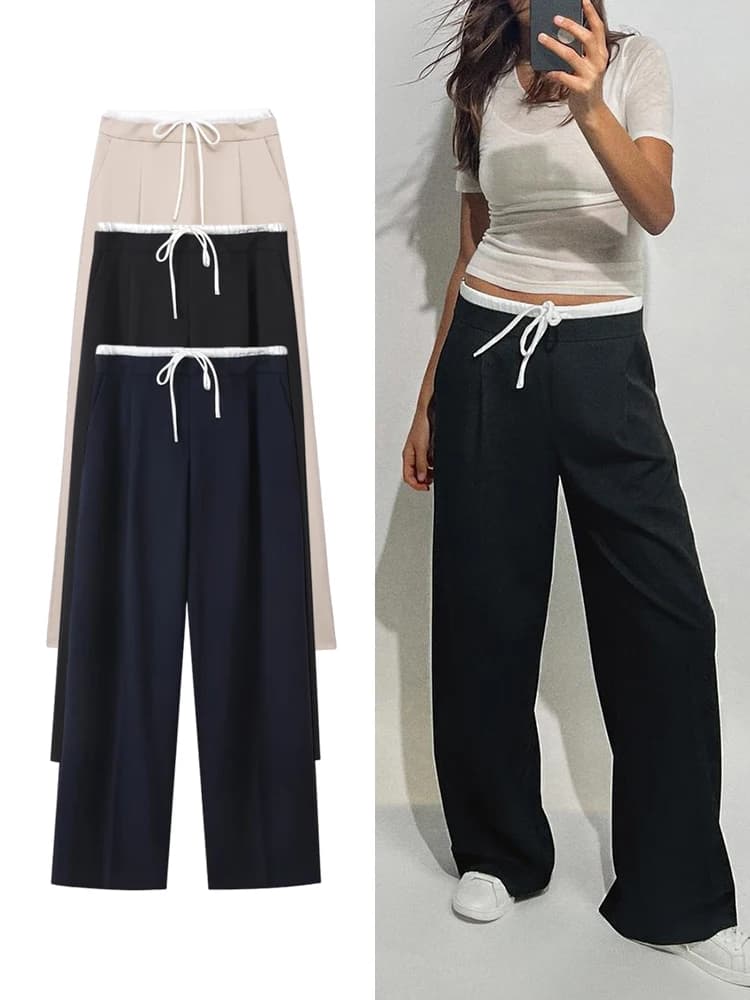 ZA TRAF Women's Double Layer Waist Chic Straight Pants Wide-legged Pants for Commuter Fashion Design Leisure Elegant Women's