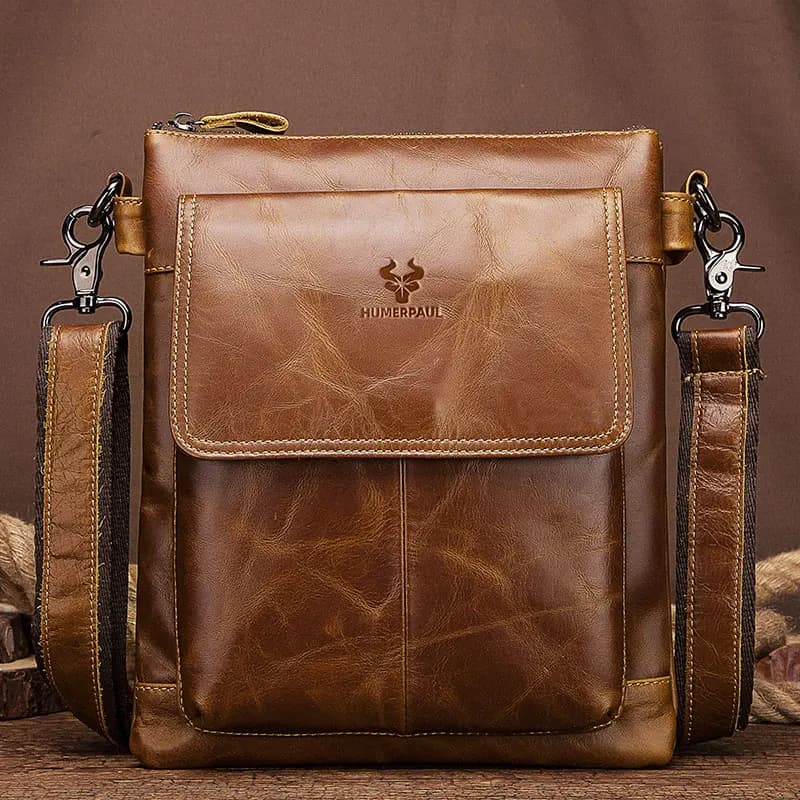 HUMERPAUL Genuine Leather Men's Shoulder Bag Vintage Cross Bags Large Capacity Male Messenger Tote Bag Travel Bolso Hombres