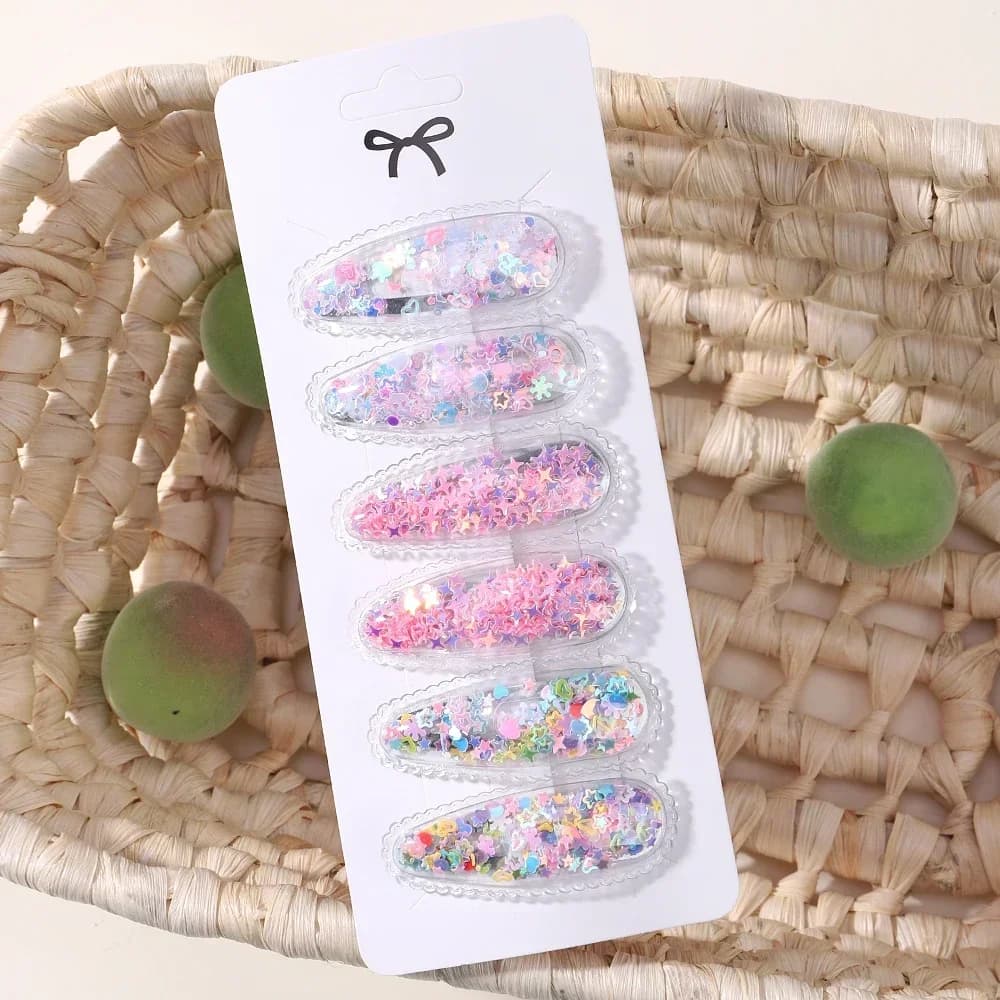 6pcs/set Kids Sequin BB Hair Clips Color Transparent Flowing Sand Bangs Hair Gripes Girl Cute Cartoon Baby Headwear Accessory