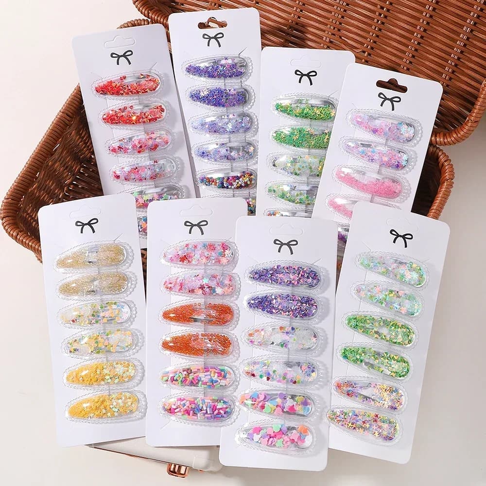 6pcs/set Kids Sequin BB Hair Clips Color Transparent Flowing Sand Bangs Hair Gripes Girl Cute Cartoon Baby Headwear Accessory