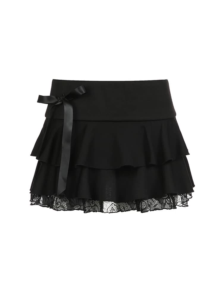 Goth Y2K Black Lace Trim Bow A Line Mini Skirt Women Korean Streetwear