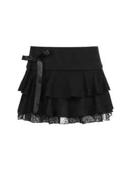Goth Y2K Black Lace Trim Bow A Line Mini Skirt Women Korean Streetwear