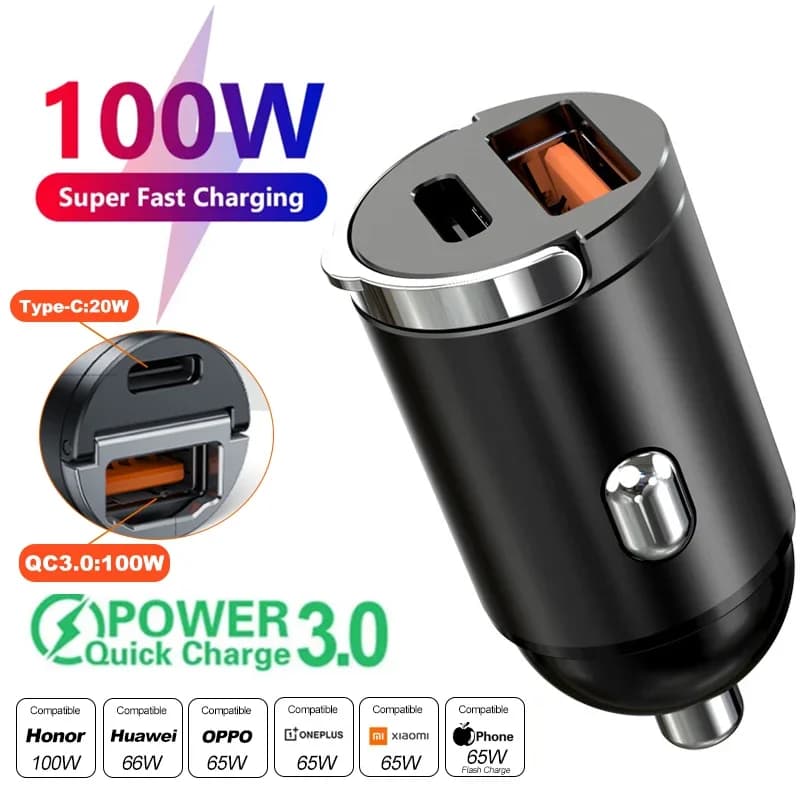 100W/200W QC3.0 PD Mini Car Charger 12-24V Lighter Fast Charging Car USB Type C Charger for Xiaomi Samsung Huawei iPhone Power