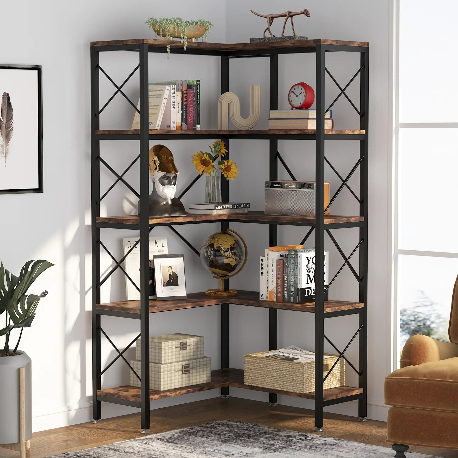 Tribesigns 5-Shelf Corner Bookshelf, Large Modern Corner Bookcase,5-Tier Tall Corner Shelf Storage Display Rack with Metal Frame