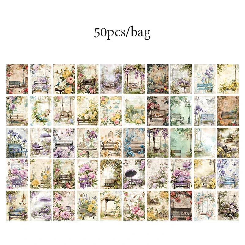 50shetts/set Retro Material Paper Spring Hill Field Series Handbook DIY Decoration Base No Stickiness