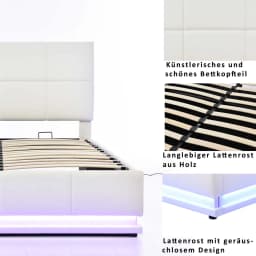 PU Leather White Upholstered Bed 140x200cm Double Bed with LED Lighting Underbed Storage Space, Bed Frame with Slatted Frame