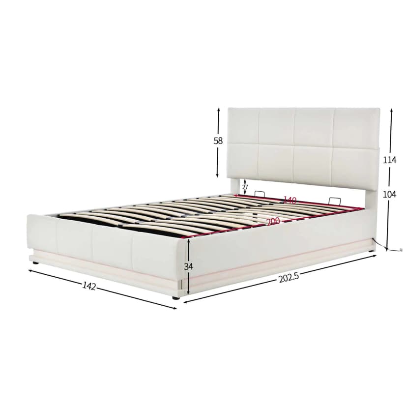 PU Leather White Upholstered Bed 140x200cm Double Bed with LED Lighting Underbed Storage Space, Bed Frame with Slatted Frame