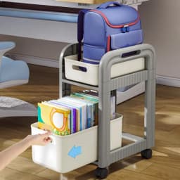 Rolling Cart 2-Tier School Bag Shelves Movable Bookshelves Drawer Style Storage Rack Under-Table Wheeled Snack Storage Trolley