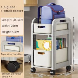 Rolling Cart 2-Tier School Bag Shelves Movable Bookshelves Drawer Style Storage Rack Under-Table Wheeled Snack Storage Trolley