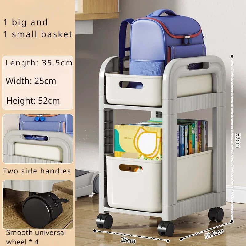 Rolling Cart 2-Tier School Bag Shelves Movable Bookshelves Drawer Style Storage Rack Under-Table Wheeled Snack Storage Trolley