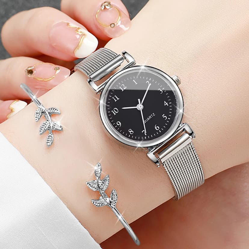2PCS Fashion Women Quartz Watch Steel Mesh Band Watches Opening Cuff Bracelet Bangle Set（Without Box）