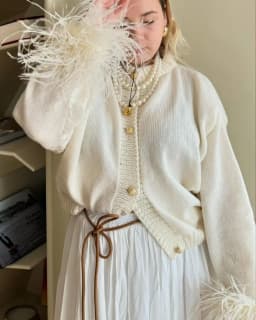 Casual O-neck Spliced Feather Knitted Cardigan For Women Fashion Single Breasted Long Sleeved Red Sweater Autumn Lady Outerwear