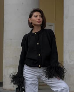 Casual O-neck Spliced Feather Knitted Cardigan For Women Fashion Single Breasted Long Sleeved Red Sweater Autumn Lady Outerwear