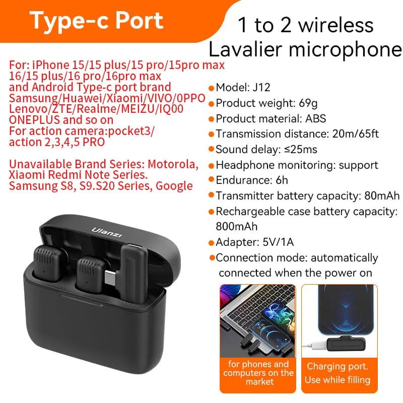 Ulanzi J12 Wireless Lavalier Microphone Audio Video Recording Mini Mic Plug Play For Smartphone Android iPhone Live Broadcast