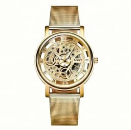 Luxury Skeleton Men Watch Women Wrist Watches Fashion Montre Homme Gold Wrist Watch Men Steel Mesh Men's Watch