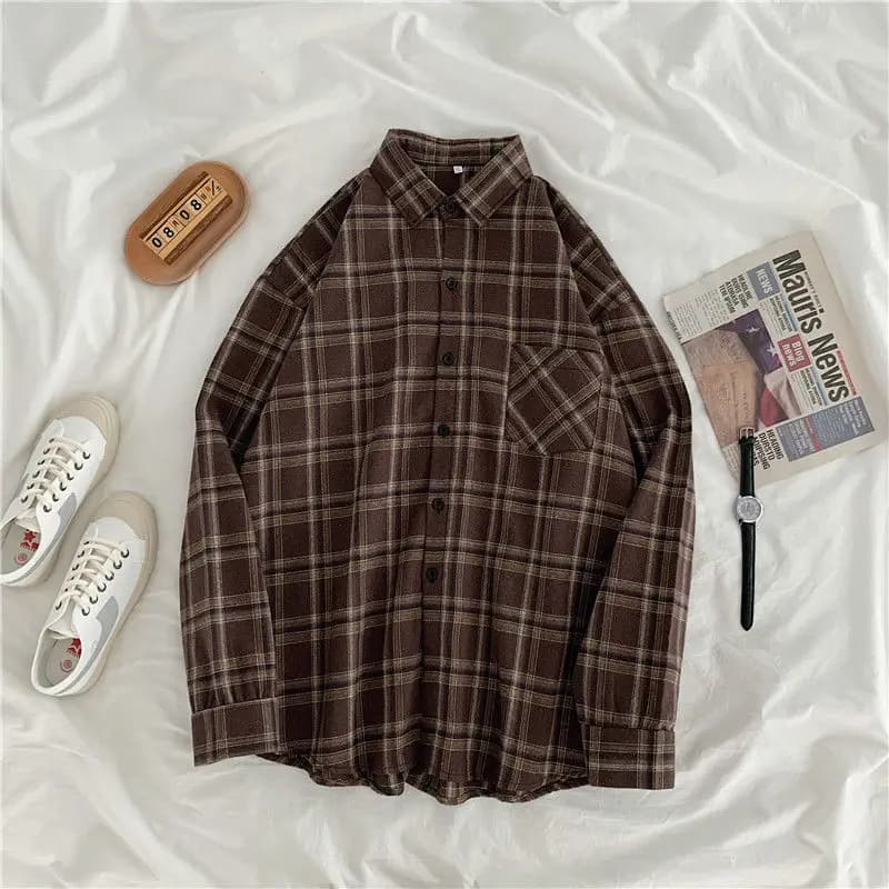 JMPRS Vintage Women Plaid Shirts Autumn Long Sleeve Oversize Button Up Tops Korean Loose Casual Fall Outwear Femme Shirts
