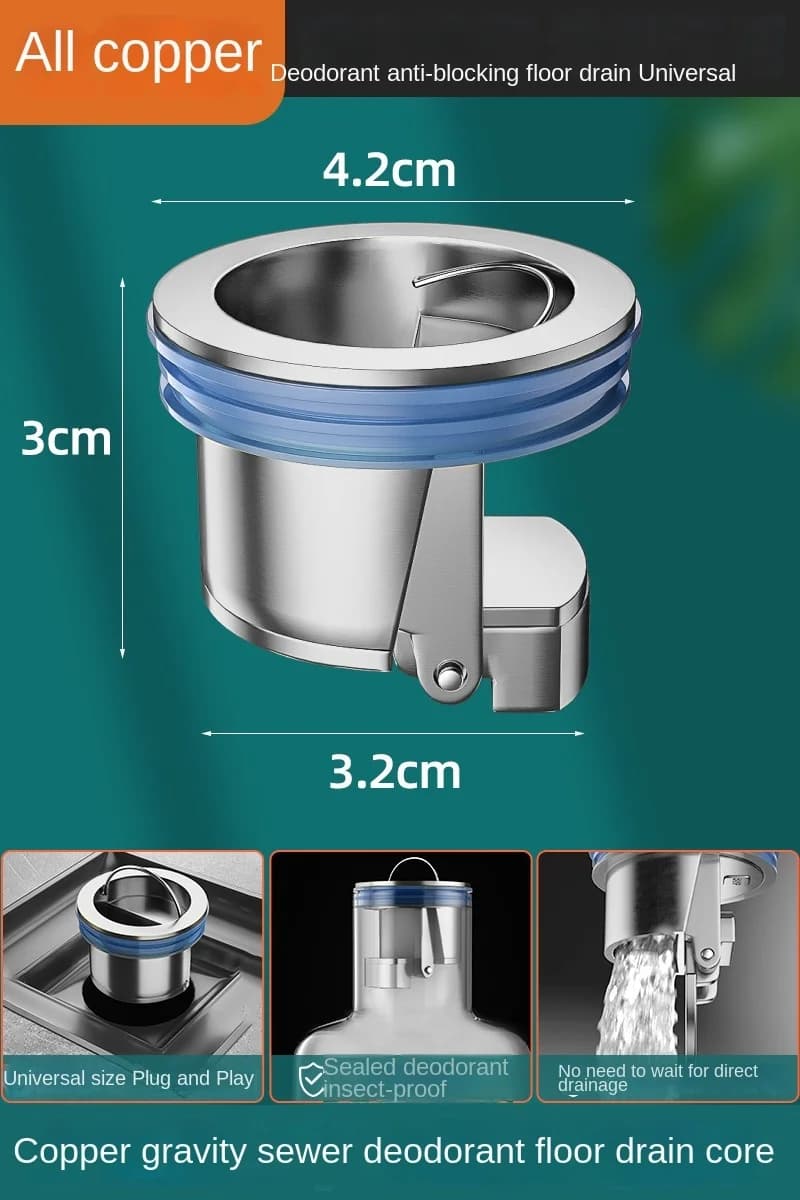 All Copper Gravity Direct Drain Core Floor Shower Drain Stopper Insectproof Anti-odor Hair Trap Kitchen Bathroom Toilet Sewer