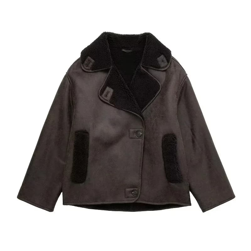 TRAF Woman Thick Faux Leather Jackets for Women Coat Autumn Winter Warm Wool Blends Coats Demi-season Plush Jacket Outerwear