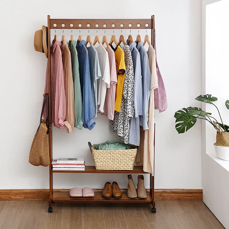Vintage Heavy Duty Wooden Clothes Stand Freestanding Rack Shelf Home Bedroom Hallway Entryway Bamboo Hanging Rail Shoe Storage